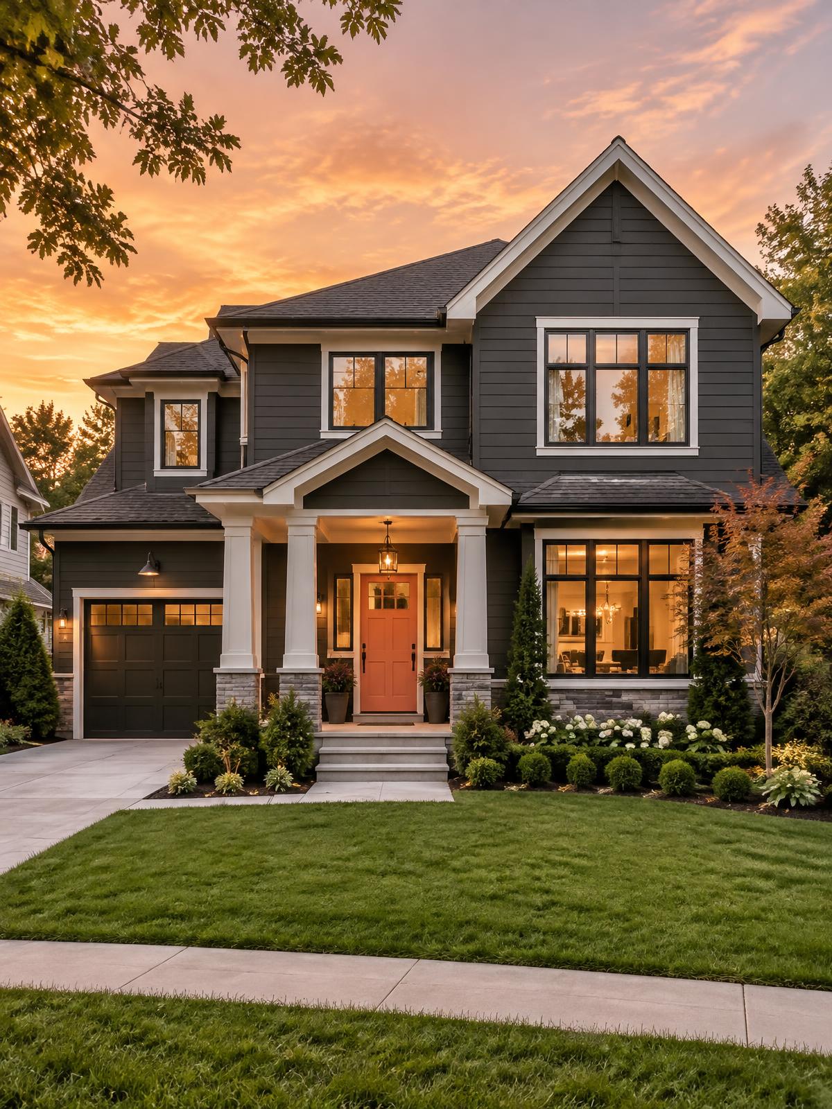 Beautifully renovated home exterior at sunset